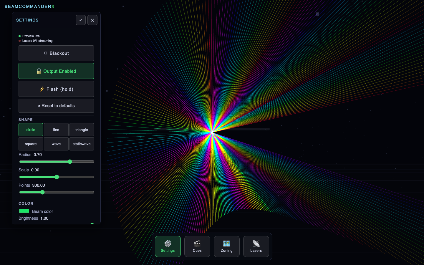 Settings panel with shape, color, and movement controls